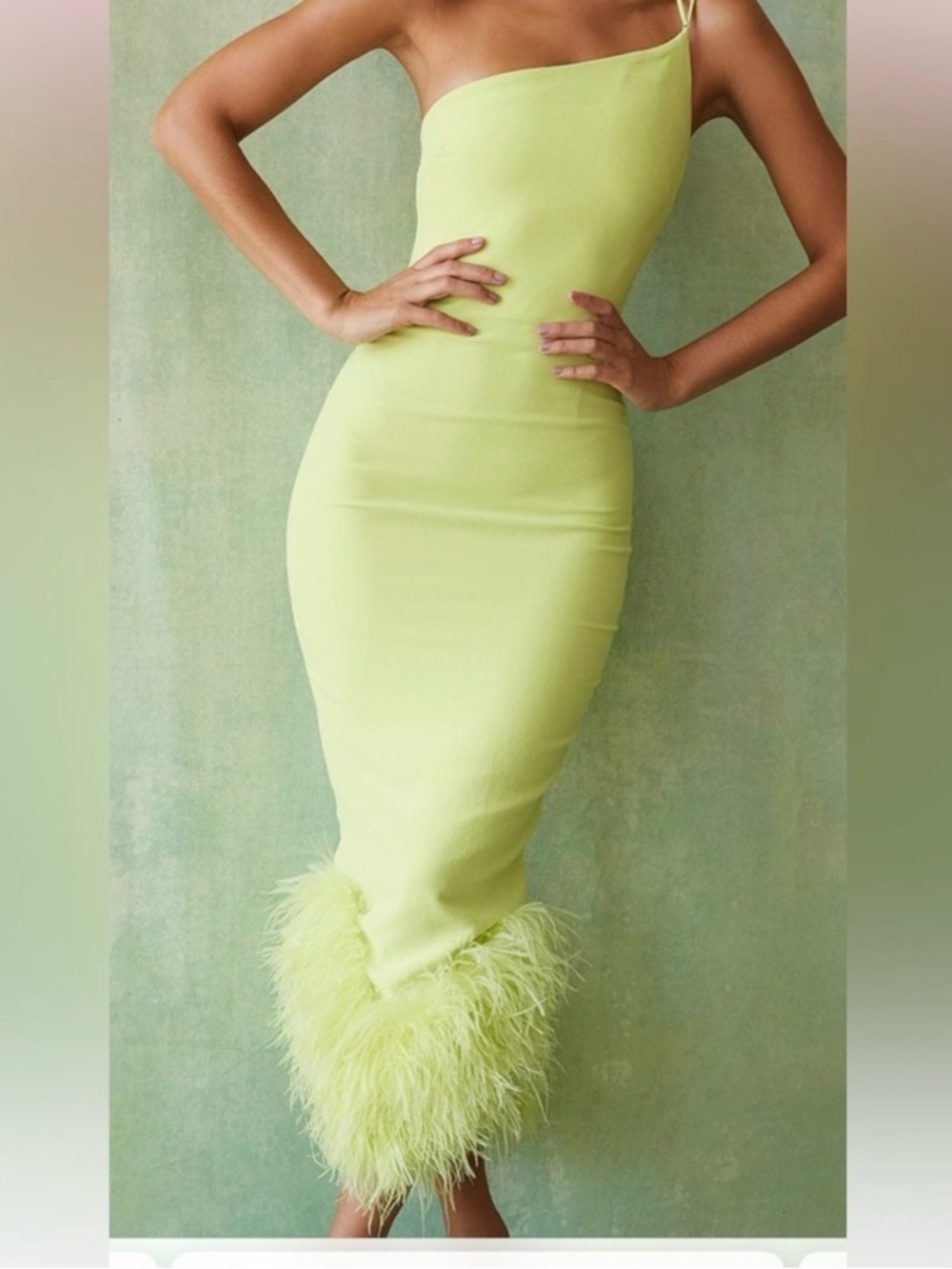 House of CB Lime Green Feather-Hem Midi Slip Dress - Picture 5 of 5
